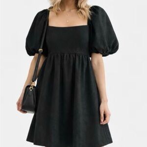 Line & Dot Black Puff Sleeve Mini Dress